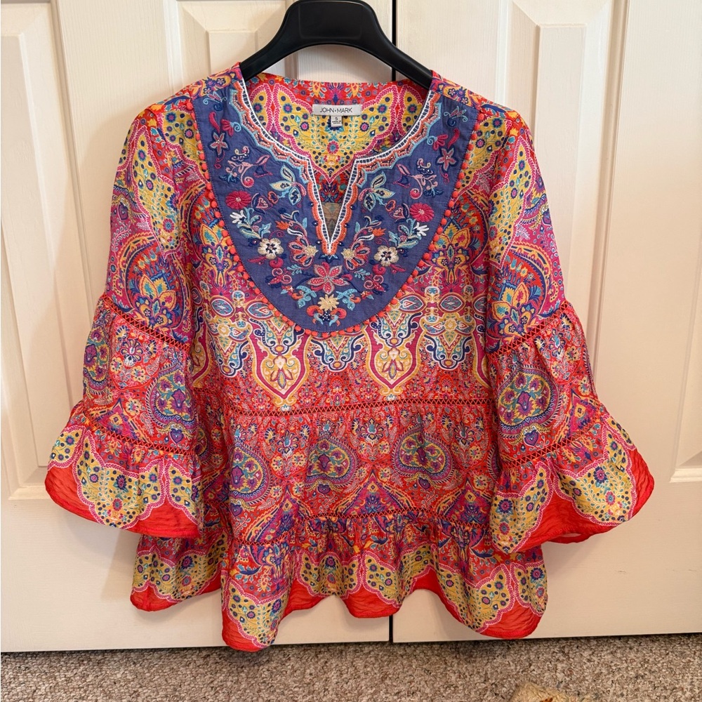John Mark Pink and Blue Flutter Sleeve Blouse